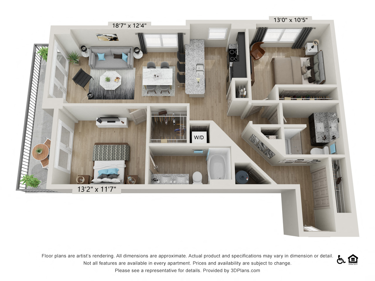 Floor plan for 2 beds, 2 baths, 1188 sqft